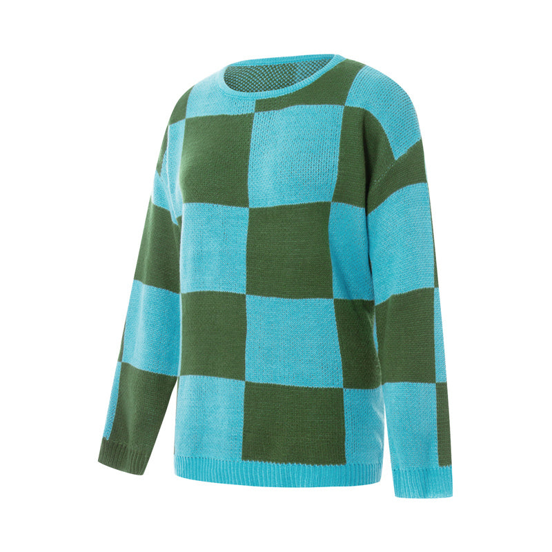 Checkered Contrast Color Knit Sweater - Ghoul RIP