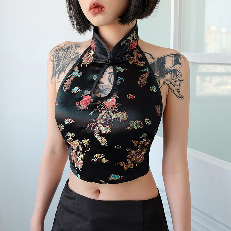 Chinese Dragon Embroidered Halter Top - Ghoul RIP