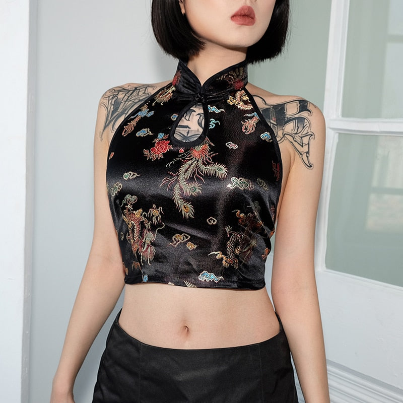 Chinese Dragon Embroidered Halter Top - Ghoul RIP