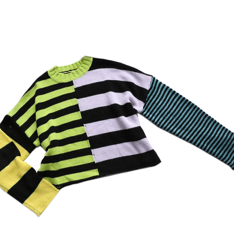 Clashing Color Block Striped Cropped Sweater - Ghoul RIP