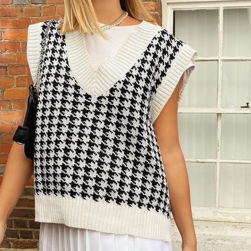 Classic V Neck Houndstooth Sweater Vest - Ghoul RIP