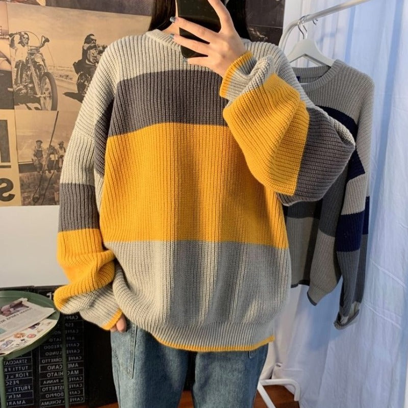 Color Block Stripe Chunky Knit Sweater - Ghoul RIP