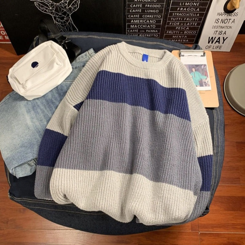 Color Block Stripe Chunky Knit Sweater - Ghoul RIP