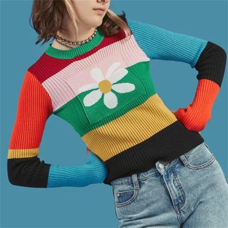 Color Block Striped Flower Applique Sweater - Ghoul RIP