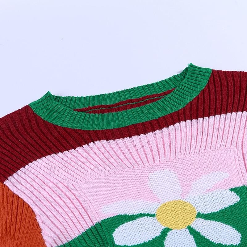 Color Block Striped Flower Applique Sweater - Ghoul RIP