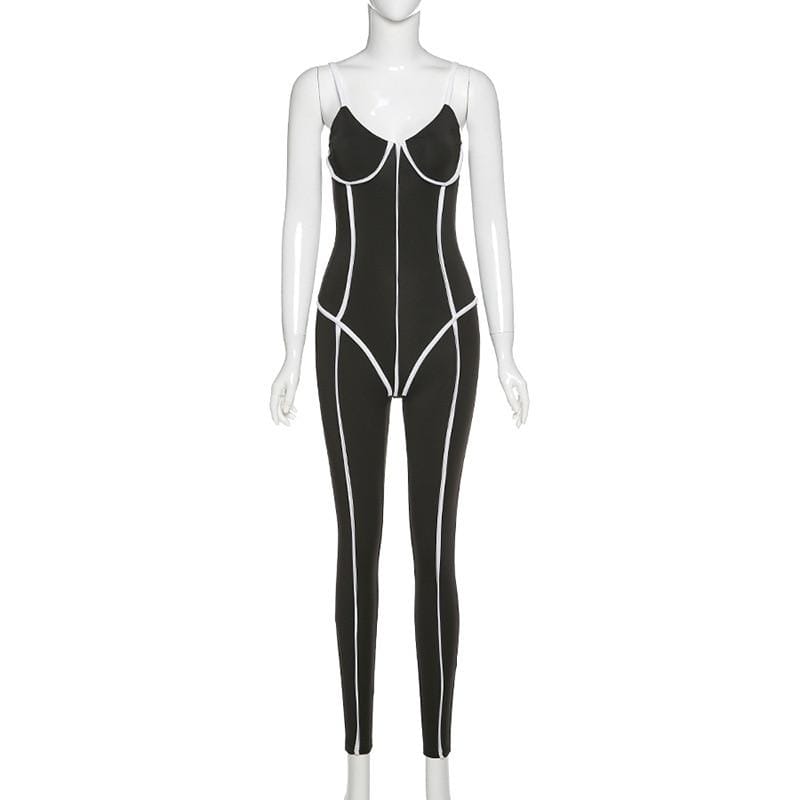 Contrast Piping Bodycon Jumpsuit - Ghoul RIP