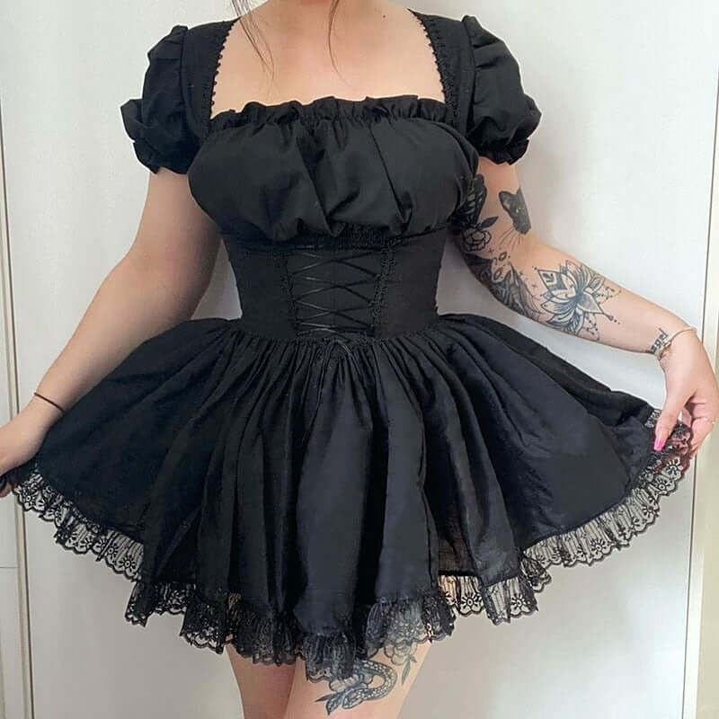 Corset Dress With Puff Sleeves & Lace Hem - Ghoul RIP