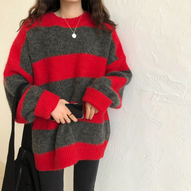 Cozy Contrast Striped Knit Sweater - Ghoul RIP