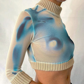 Cream & Blue Body Print Sheer Cropped Turtleneck - Ghoul RIP