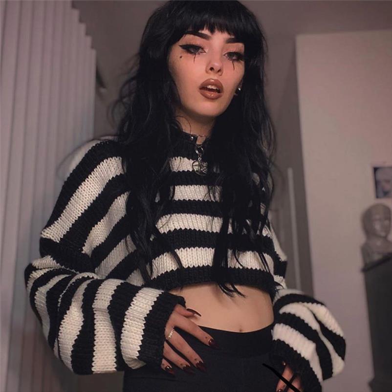 Cropped Black & White Striped Sweater - Ghoul RIP