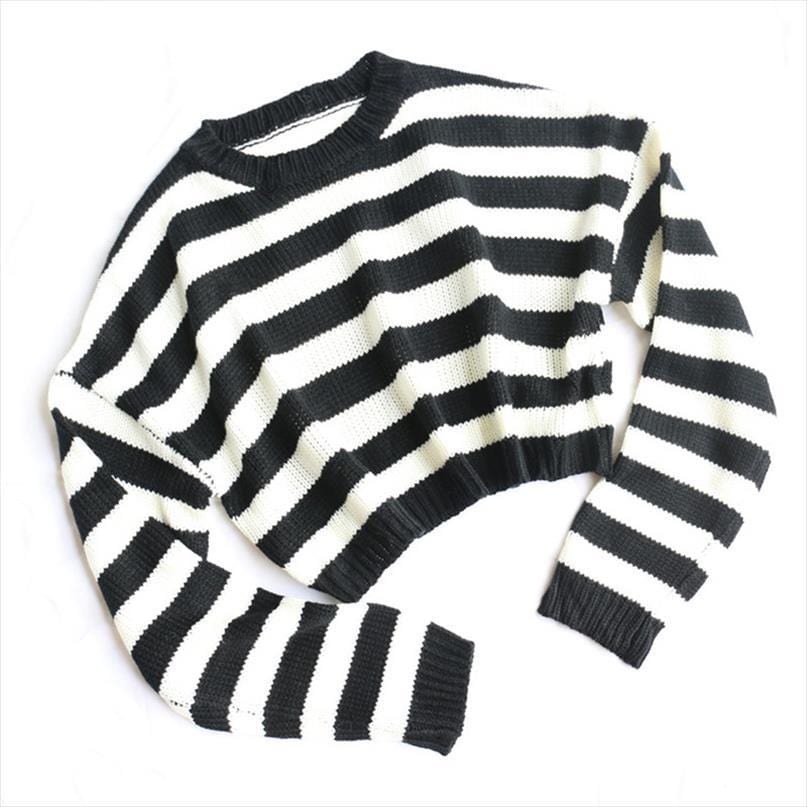 Cropped Black & White Striped Sweater - Ghoul RIP