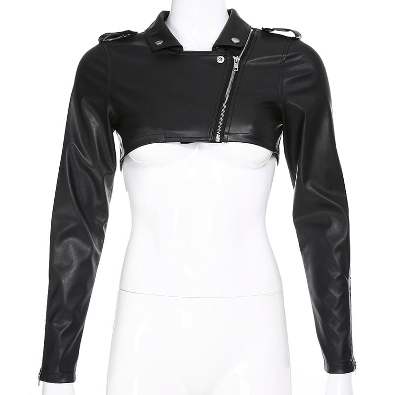 Cropped Black Faux Leather Motorcycle Jacket - Ghoul RIP