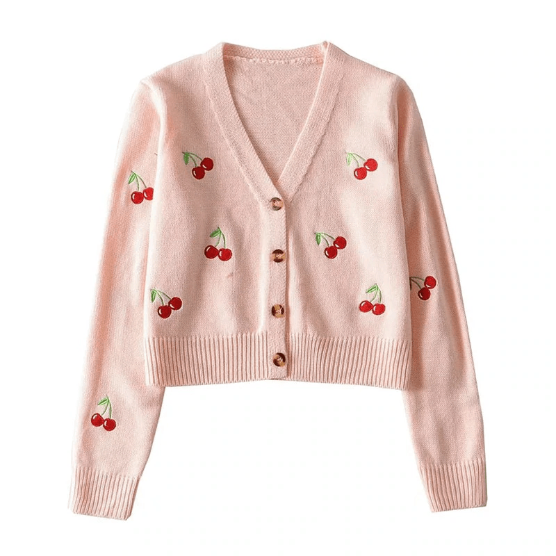 Cropped Cherry Pattern Knit Cardigan - Ghoul RIP