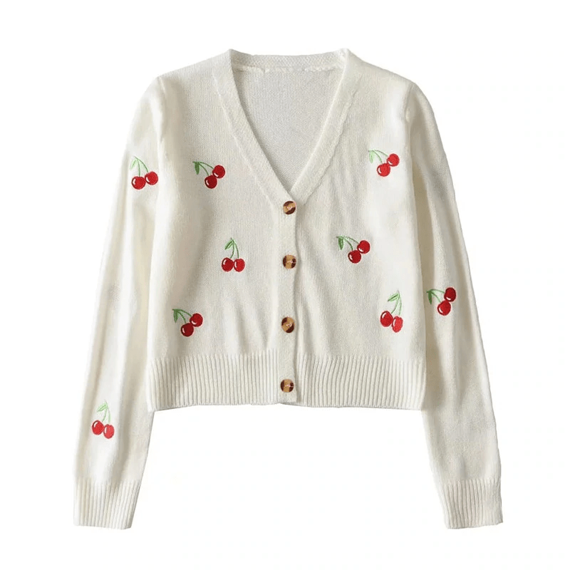 Cropped Cherry Pattern Knit Cardigan - Ghoul RIP