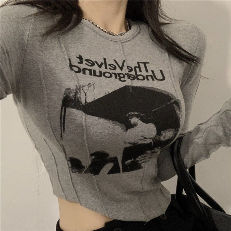 Cropped Long Sleeve Retro Print Band Tee - Ghoul RIP