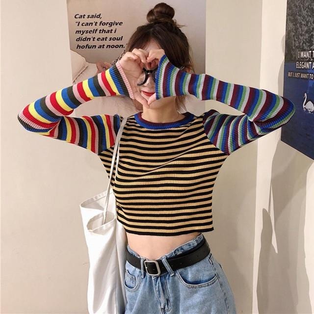Cropped Pattern Clash Striped Sweater - Ghoul RIP