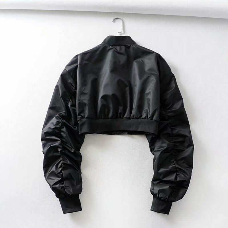 Cropped Ruched Sleeve Bomber Jacket - Ghoul RIP