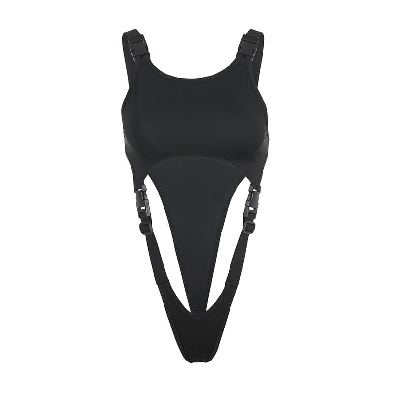 Cut Out Bodysuit With Side Release Buckle Straps - Ghoul RIP