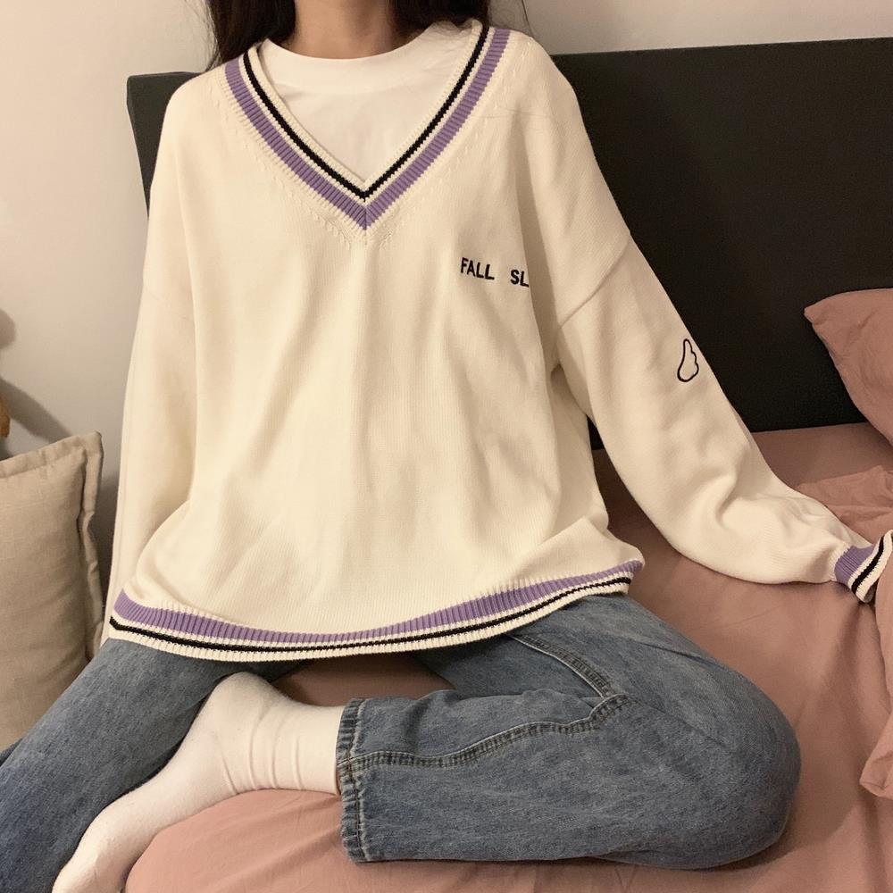 Cute Embroidered 'Fall Sleep' V Neck Sweater - Ghoul RIP