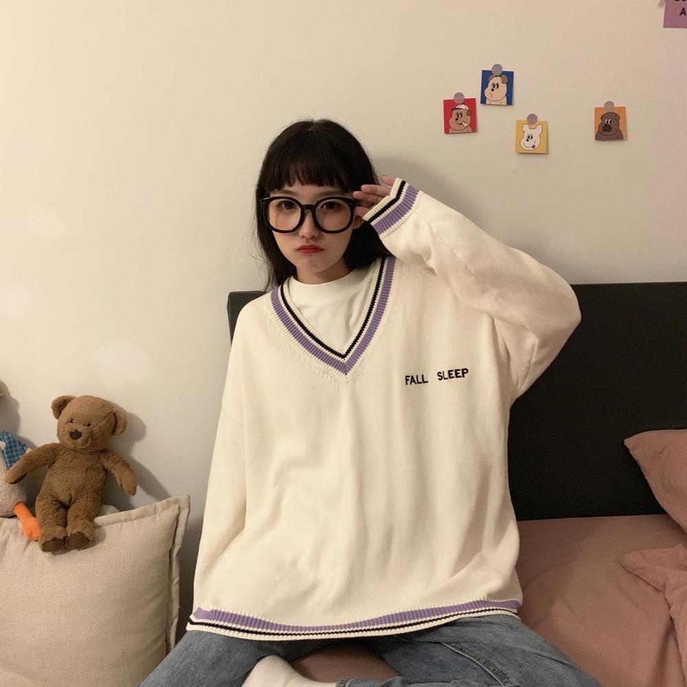 Cute Embroidered 'Fall Sleep' V Neck Sweater - Ghoul RIP