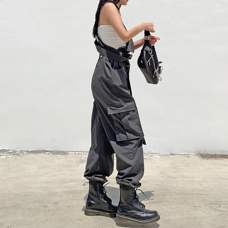 Dark Gray Belted Overalls With Cargo Pockets - Ghoul RIP