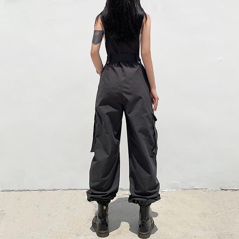Dark Gray Belted Overalls With Cargo Pockets - Ghoul RIP