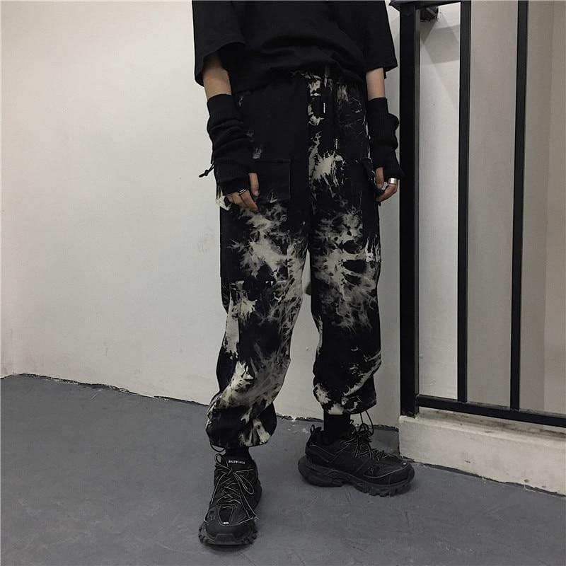 Dark Tie Dye Cargo Pants With Adjustable Cuffs - Ghoul RIP