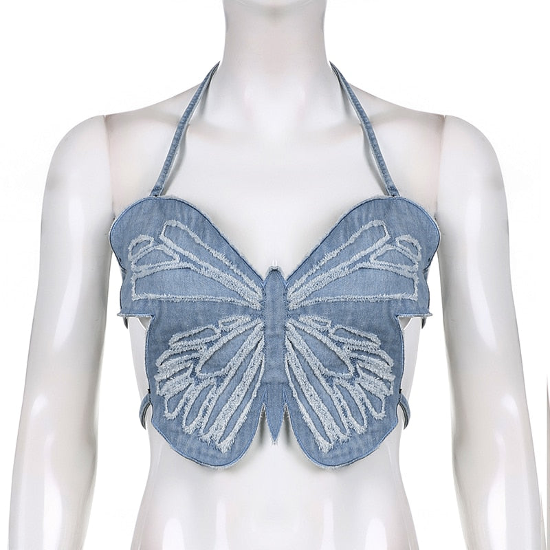 Denim Butterfly Cut Out Tie Back Halter Top - Ghoul RIP