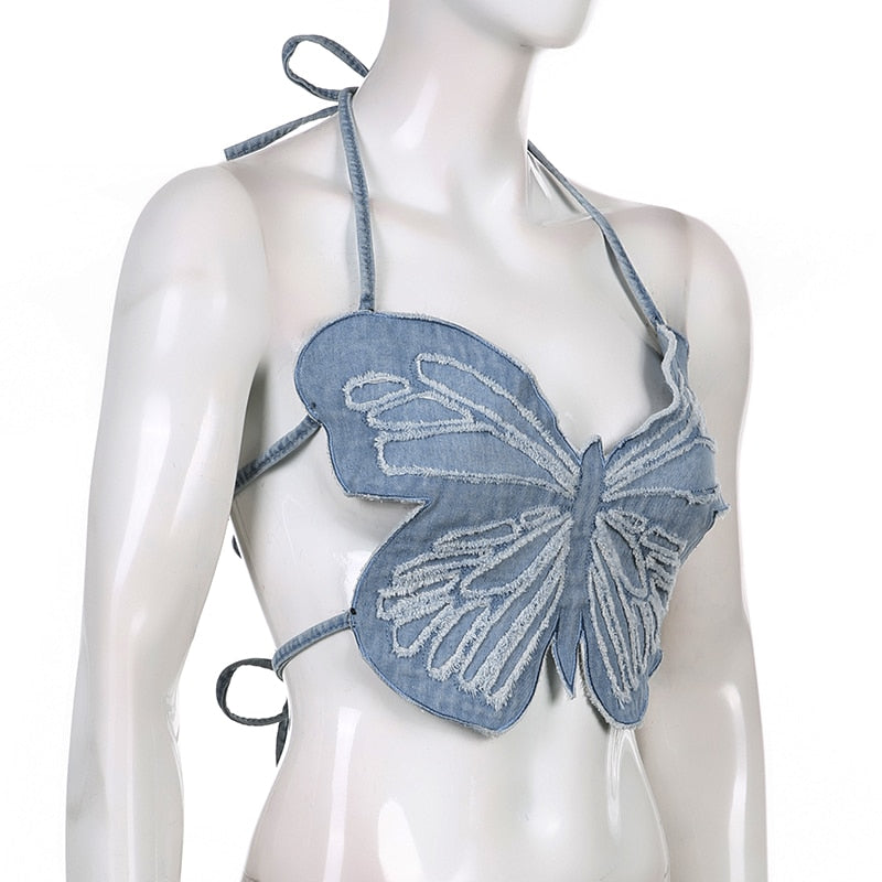 Denim Butterfly Cut Out Tie Back Halter Top - Ghoul RIP