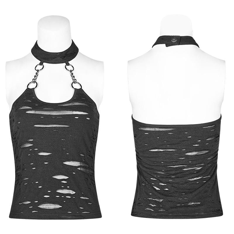 Distressed Black Halter Top With Chain Straps - Ghoul RIP
