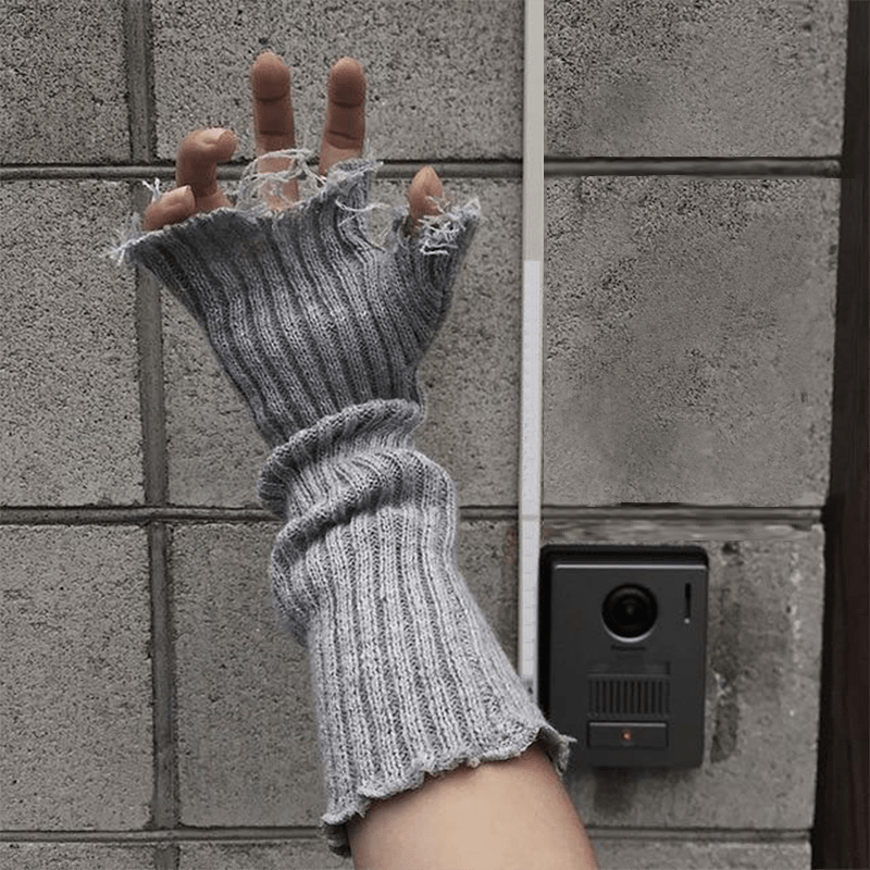 Distressed Frayed Hem Fingerless Gloves/Arm Warmers - Ghoul RIP