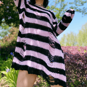 Distressed Striped Sweater with Extra Long Sleeves - Ghoul RIP