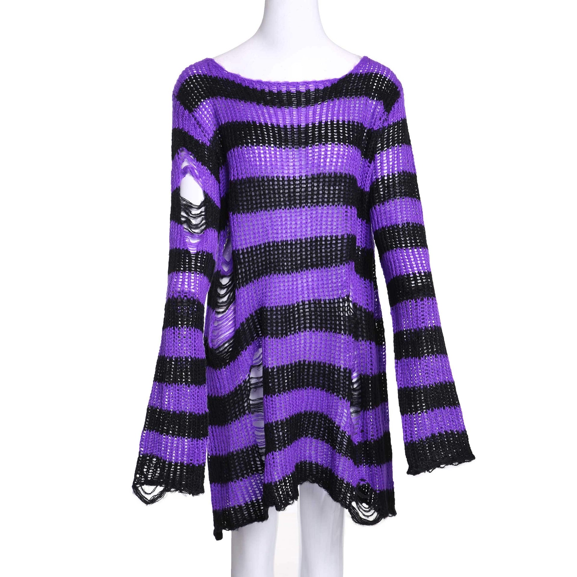 Distressed Striped Sweater with Extra Long Sleeves - Ghoul RIP