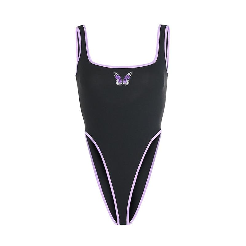 Embroidered Butterfly Black & Purple Bodysuit - Ghoul RIP