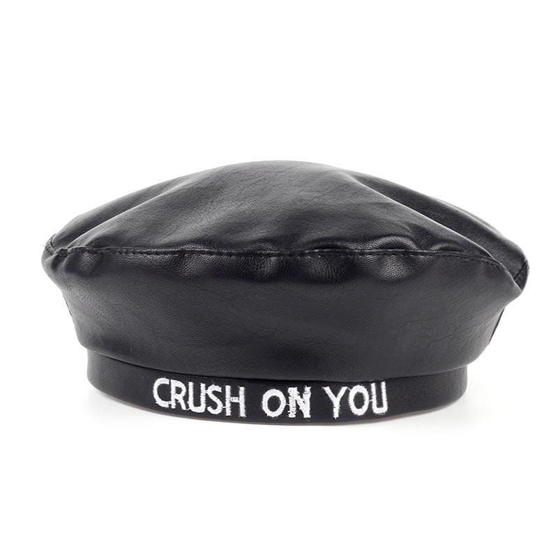 Embroidered 'Crush On You' Faux Leather Beret - Ghoul RIP