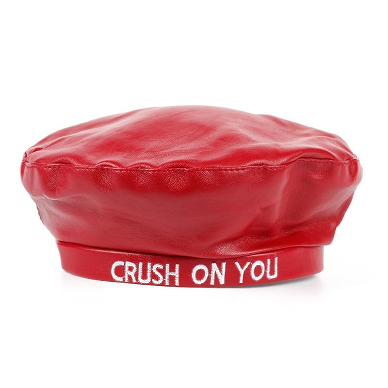 Embroidered 'Crush On You' Faux Leather Beret - Ghoul RIP