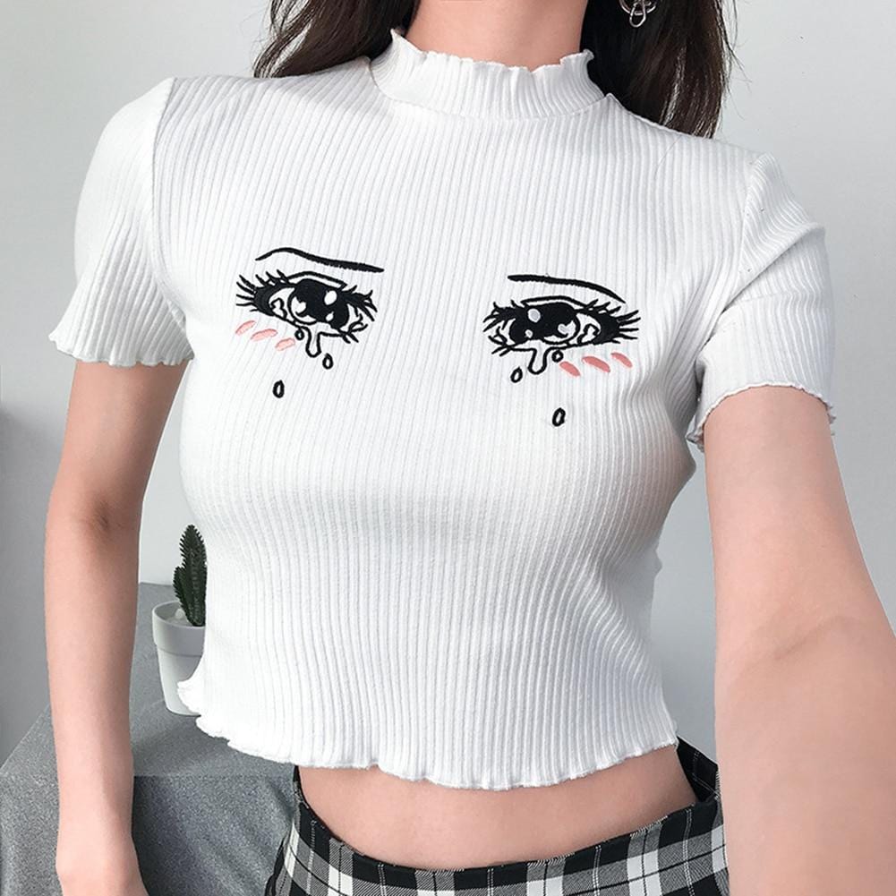 Embroidered Crying Anime Eyes Crop Top - Ghoul RIP
