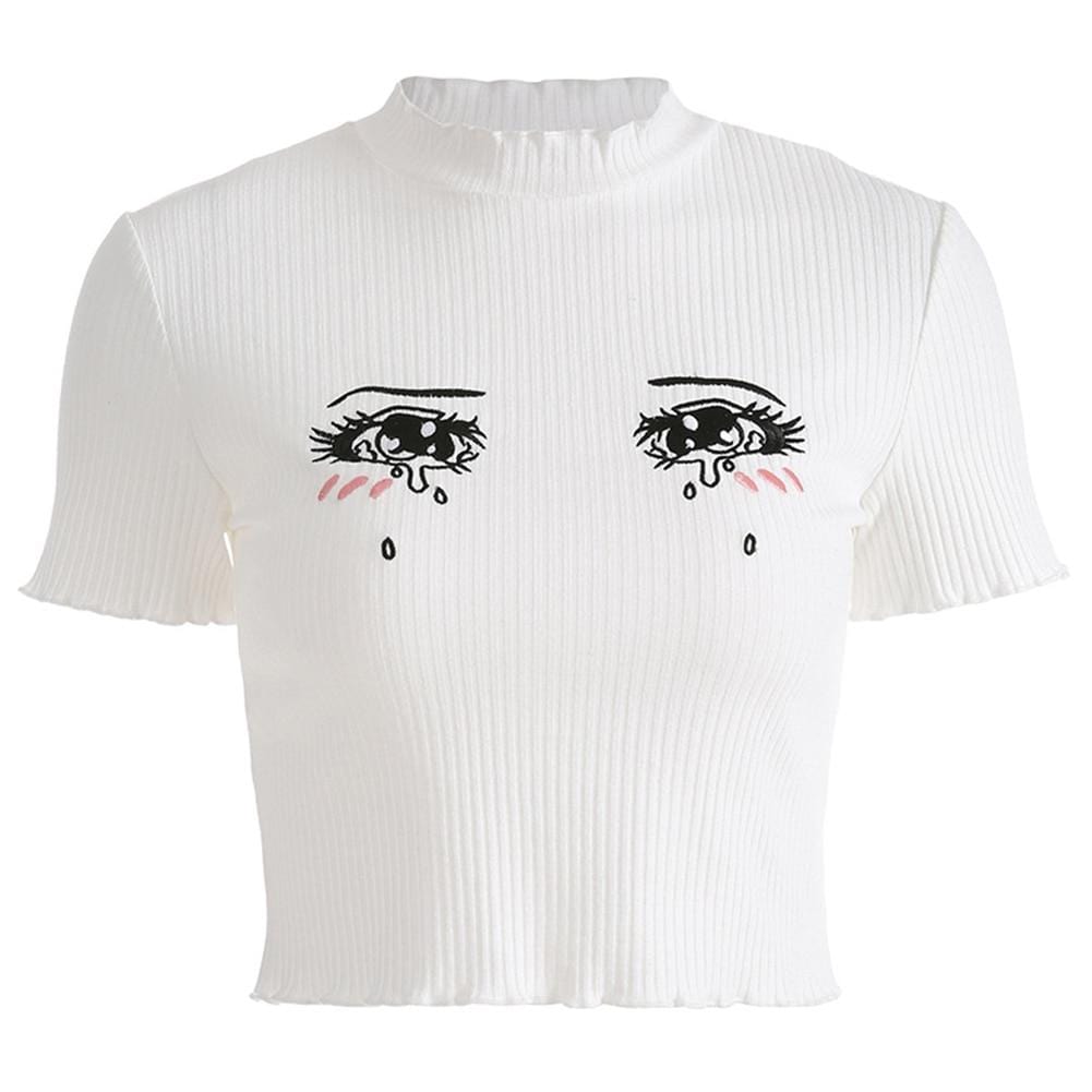 Embroidered Crying Anime Eyes Crop Top - Ghoul RIP
