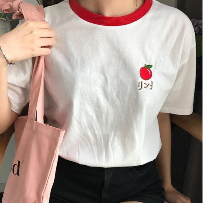 Embroidered Fruit Design Ringer Tee - Ghoul RIP