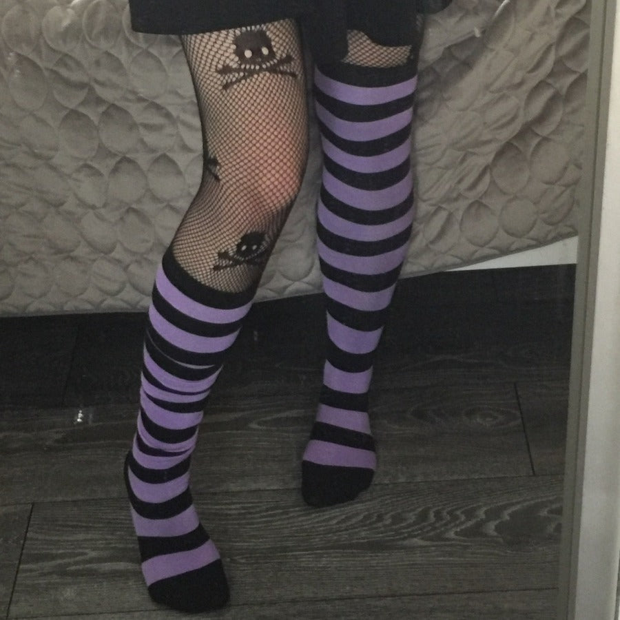 Emo Look Striped Thigh High Stockings - Ghoul RIP