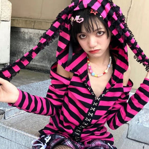 Emo Style Pink & Black Striped Hoodie With Ears - Ghoul RIP
