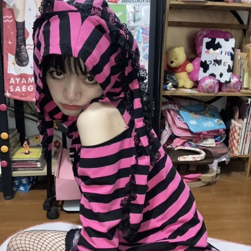 Emo Style Pink & Black Striped Hoodie With Ears - Ghoul RIP