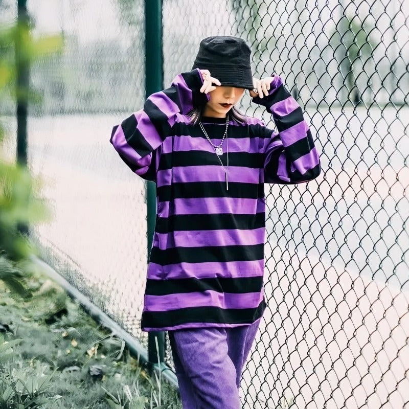 Emo Style Purple/Black Striped Long Sleeve - Ghoul RIP