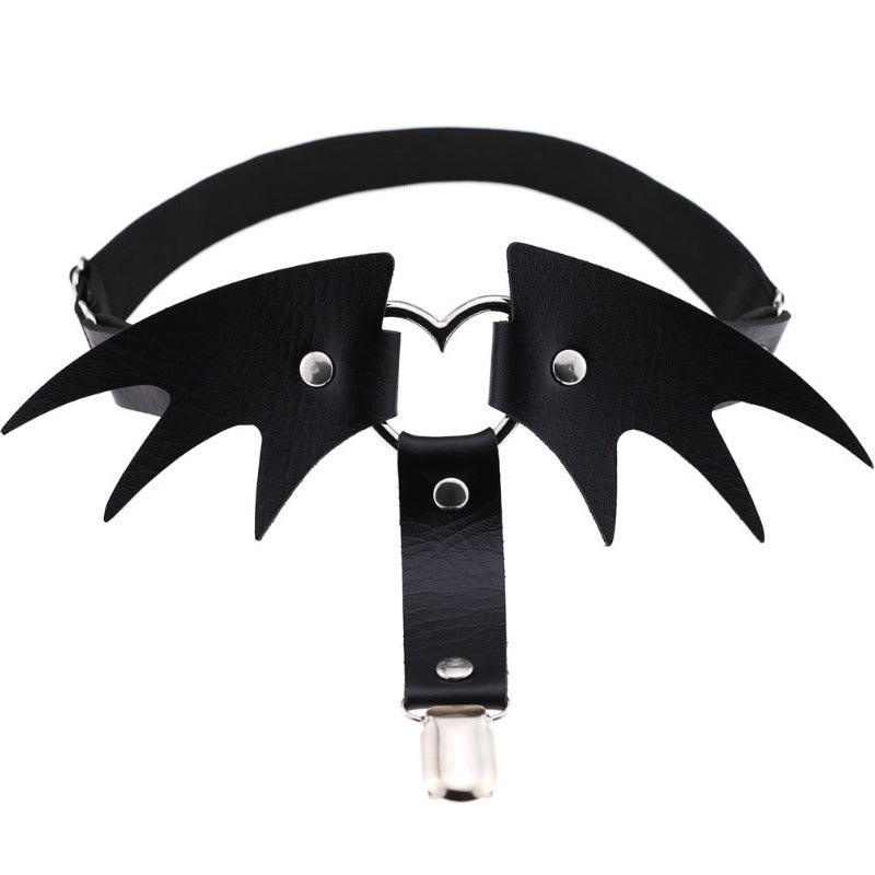 Faux Leather Bat Wings & Heart Design Garter Belt - Ghoul RIP