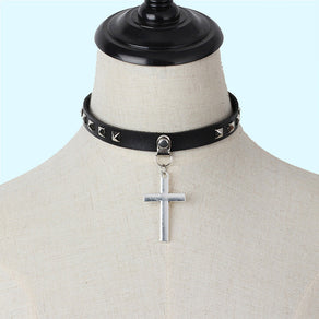 Faux Leather Choker Necklace With Cross Pendant - Ghoul RIP