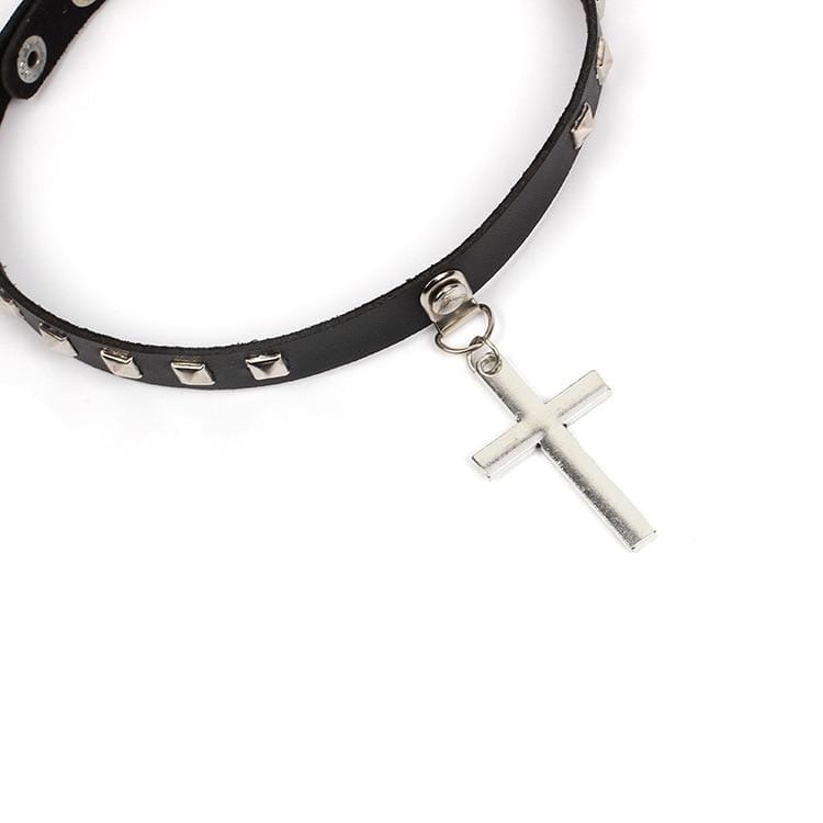 Faux Leather Choker Necklace With Cross Pendant - Ghoul RIP