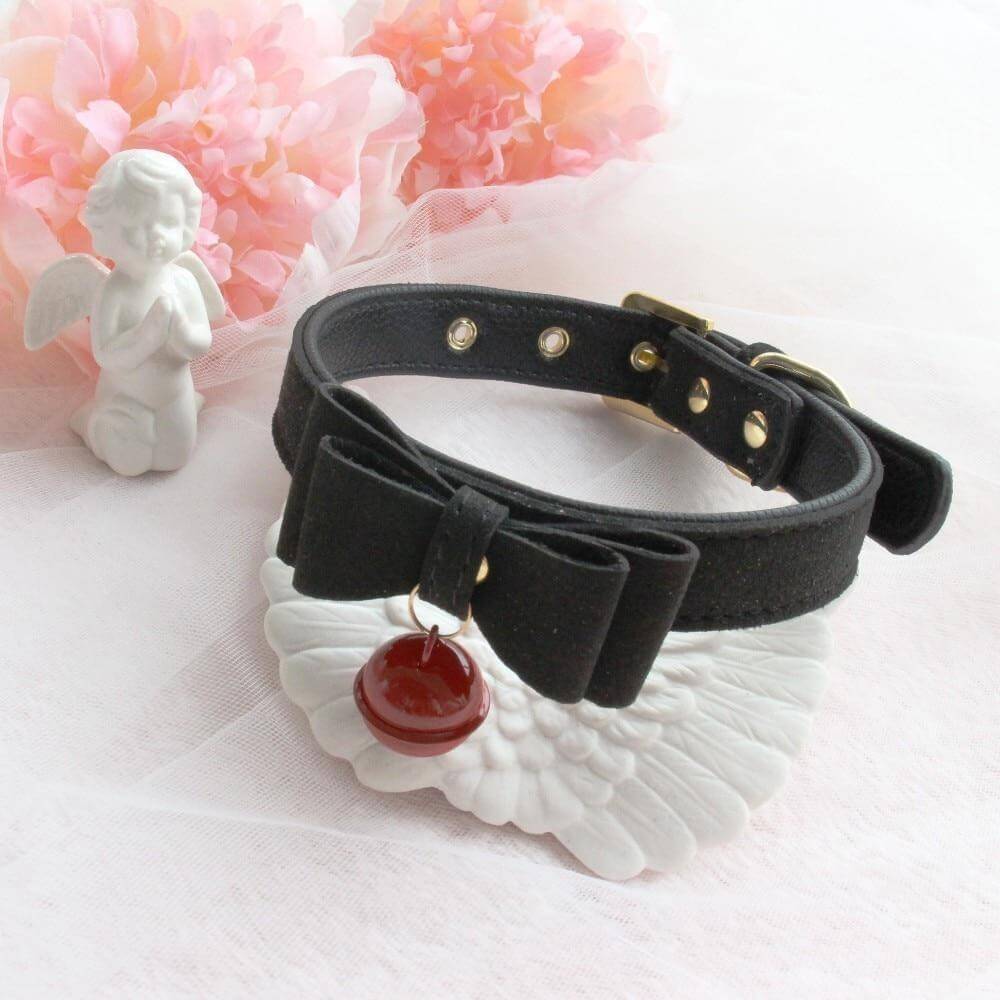 Faux Leather Choker With Bell & Bow - Ghoul RIP
