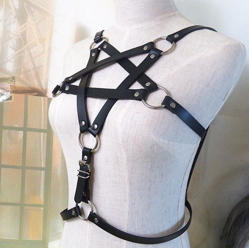 Faux Leather Pentagram Design Chest Harness - Ghoul RIP