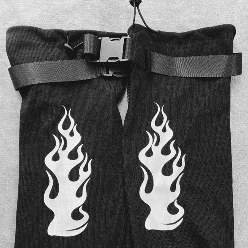 Flame Print Leg Warmer With Side Release Buckles - Ghoul RIP