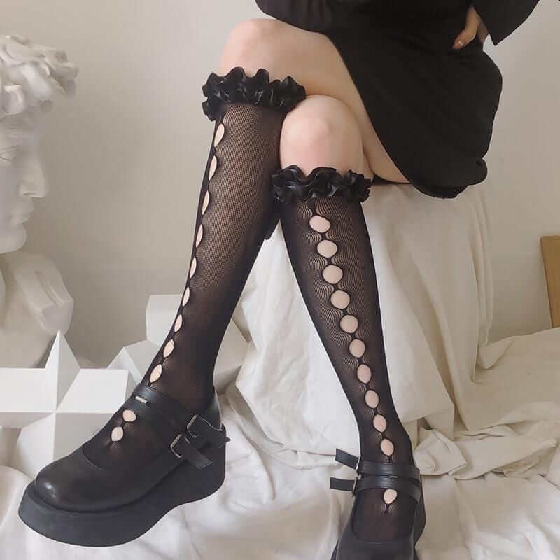 Frilled Hem Cut Out Stockings - Ghoul RIP